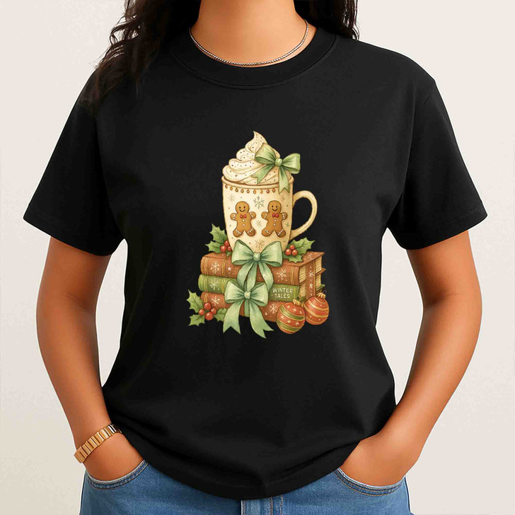 Gingerbread Hot Cocoa Christmas T Shirt, Cozy Book Lover Holiday Graphic Tee, Winter Unisex T-Shirt S-5XL
