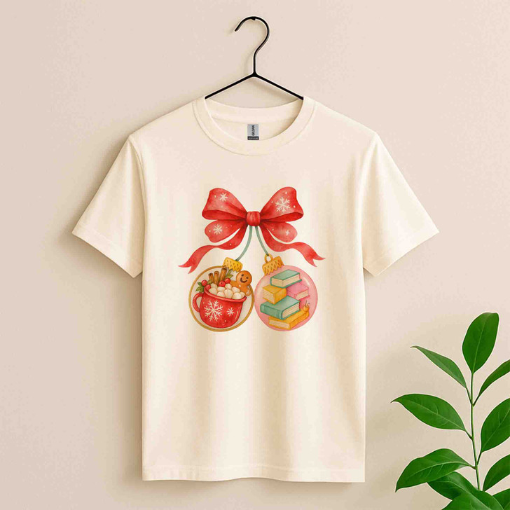 Book Lover Hot Cocoa Christmas T Shirt, Cozy Ornament Holiday Graphic Tee, Winter Unisex T-Shirt S-5XL