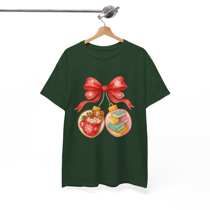 Book Lover Hot Cocoa Christmas T Shirt, Cozy Ornament Holiday Graphic Tee, Winter Unisex T-Shirt S-5XL