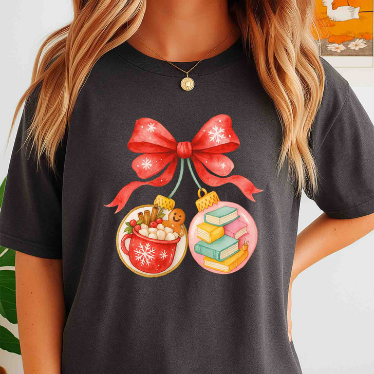 Book Lover Hot Cocoa Christmas T Shirt, Cozy Ornament Holiday Graphic Tee, Winter Unisex T-Shirt S-5XL