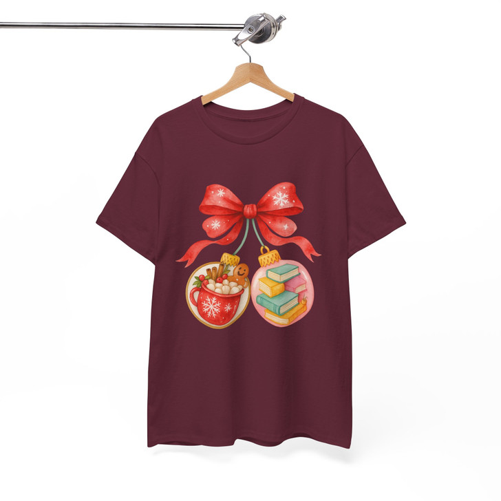 Book Lover Hot Cocoa Christmas T Shirt, Cozy Ornament Holiday Graphic Tee, Winter Unisex T-Shirt S-5XL