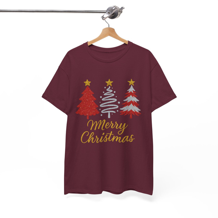 Merry Christmas Glitter Tree T Shirt, Festive Holiday Graphic Tee, Classic Unisex Christmas T-Shirt S-5XL