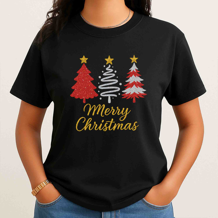 Merry Christmas Glitter Tree T Shirt, Festive Holiday Graphic Tee, Classic Unisex Christmas T-Shirt S-5XL