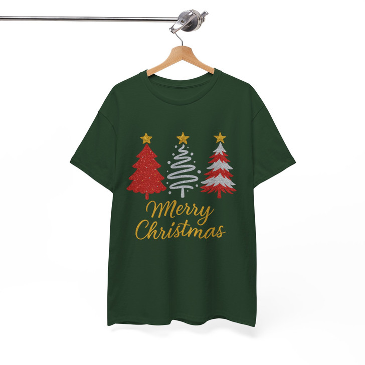 Merry Christmas Glitter Tree T Shirt, Festive Holiday Graphic Tee, Classic Unisex Christmas T-Shirt S-5XL