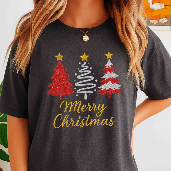 Merry Christmas Glitter Tree T Shirt, Festive Holiday Graphic Tee, Classic Unisex Christmas T-Shirt S-5XL