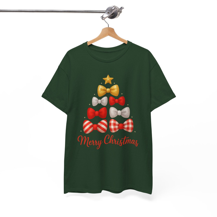 Merry Christmas Bow Tree T Shirt, Cute Holiday Bow Graphic Tee, Festive Unisex Christmas T-Shirt S-5XL