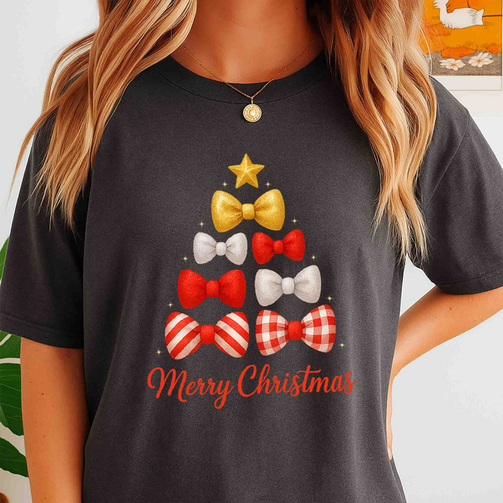 Merry Christmas Bow Tree T Shirt, Cute Holiday Bow Graphic Tee, Festive Unisex Christmas T-Shirt S-5XL