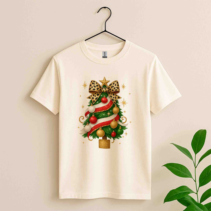 Leopard Bow Christmas Tree T Shirt, Glam Holiday Graphic Tee, Trendy Unisex Christmas T-Shirt S-5XL