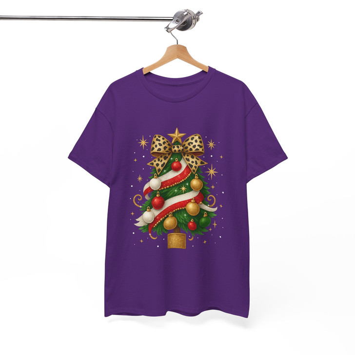 Leopard Bow Christmas Tree T Shirt, Glam Holiday Graphic Tee, Trendy Unisex Christmas T-Shirt S-5XL