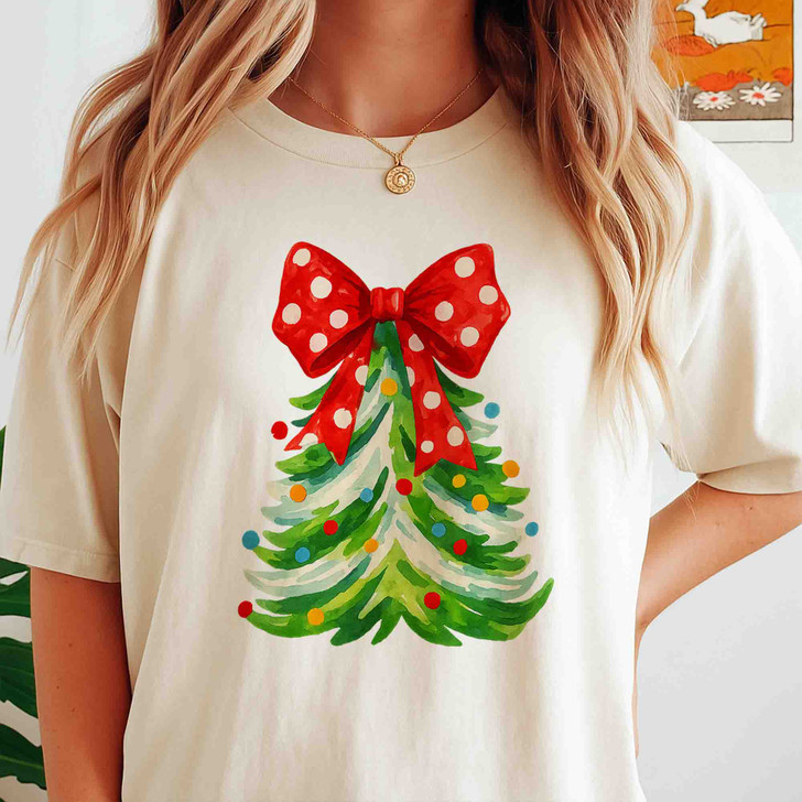Polka Dot Bow Christmas Tree Shirt, Cute Holiday Graphic Tee, Festive Unisex Christmas T-Shirt S-5XL