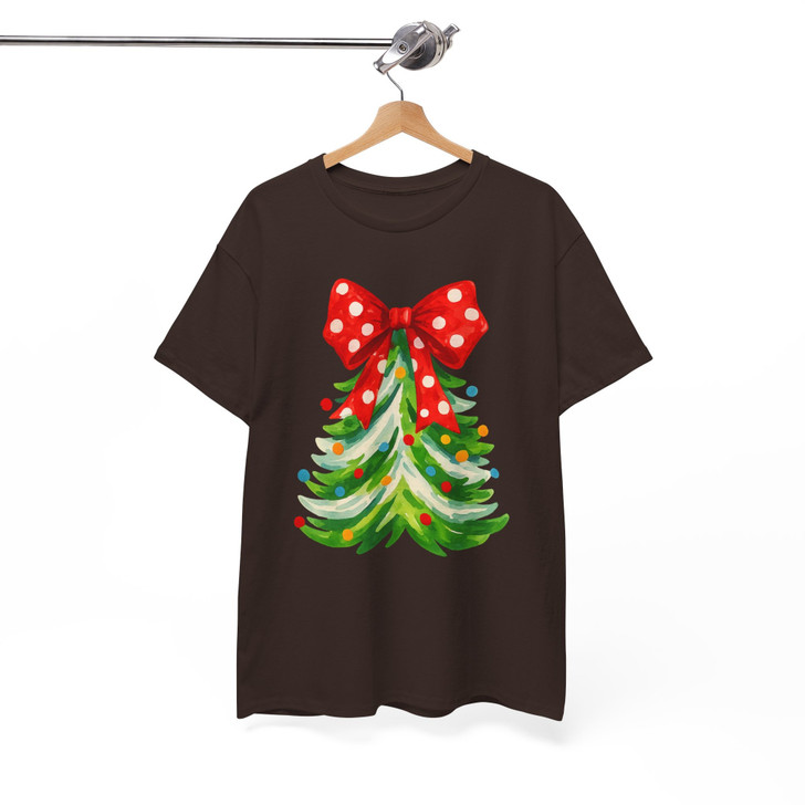 Polka Dot Bow Christmas Tree Shirt, Cute Holiday Graphic Tee, Festive Unisex Christmas T-Shirt S-5XL