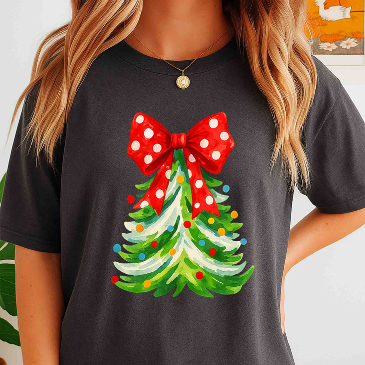 Polka Dot Bow Christmas Tree Shirt, Cute Holiday Graphic Tee, Festive Unisex Christmas T-Shirt S-5XL