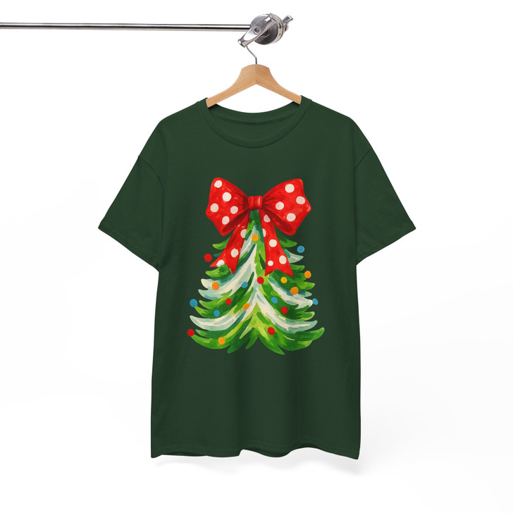 Polka Dot Bow Christmas Tree Shirt, Cute Holiday Graphic Tee, Festive Unisex Christmas T-Shirt S-5XL