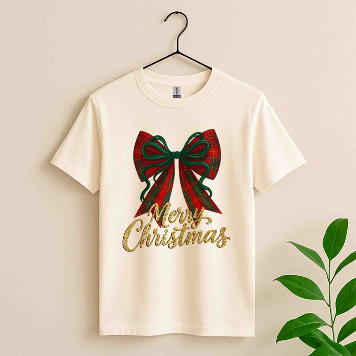 Plaid Bow Merry Christmas Shirt, Red Green Bow Holiday Tee, Festive Glitter Christmas T-Shirt S-5XL