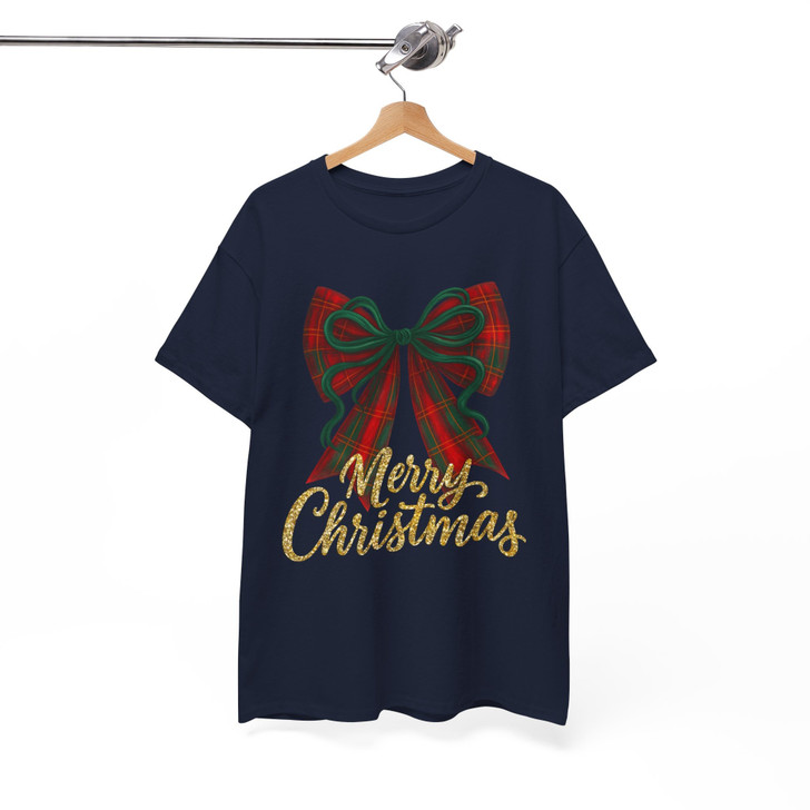 Plaid Bow Merry Christmas Shirt, Red Green Bow Holiday Tee, Festive Glitter Christmas T-Shirt S-5XL