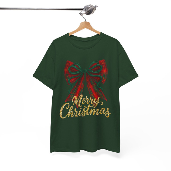Plaid Bow Merry Christmas Shirt, Red Green Bow Holiday Tee, Festive Glitter Christmas T-Shirt S-5XL