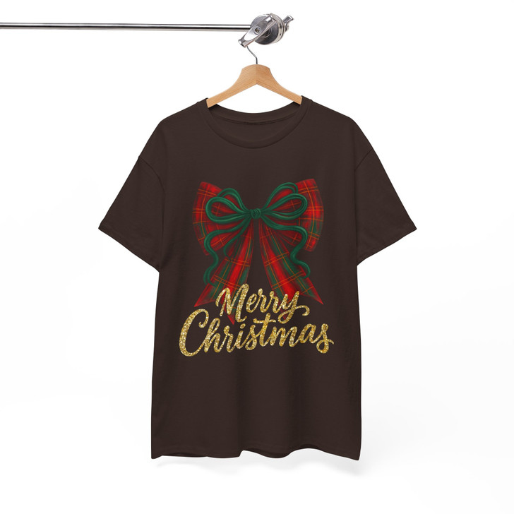 Plaid Bow Merry Christmas Shirt, Red Green Bow Holiday Tee, Festive Glitter Christmas T-Shirt S-5XL