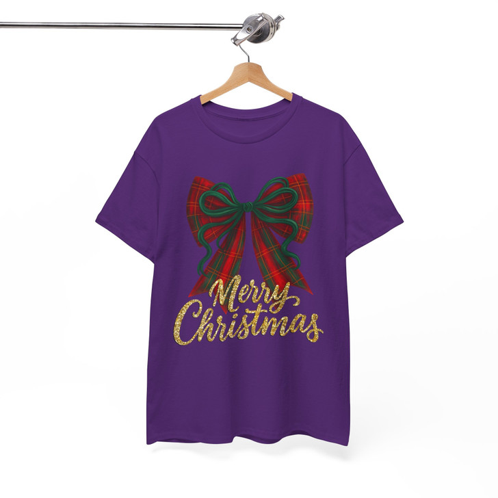 Plaid Bow Merry Christmas Shirt, Red Green Bow Holiday Tee, Festive Glitter Christmas T-Shirt S-5XL