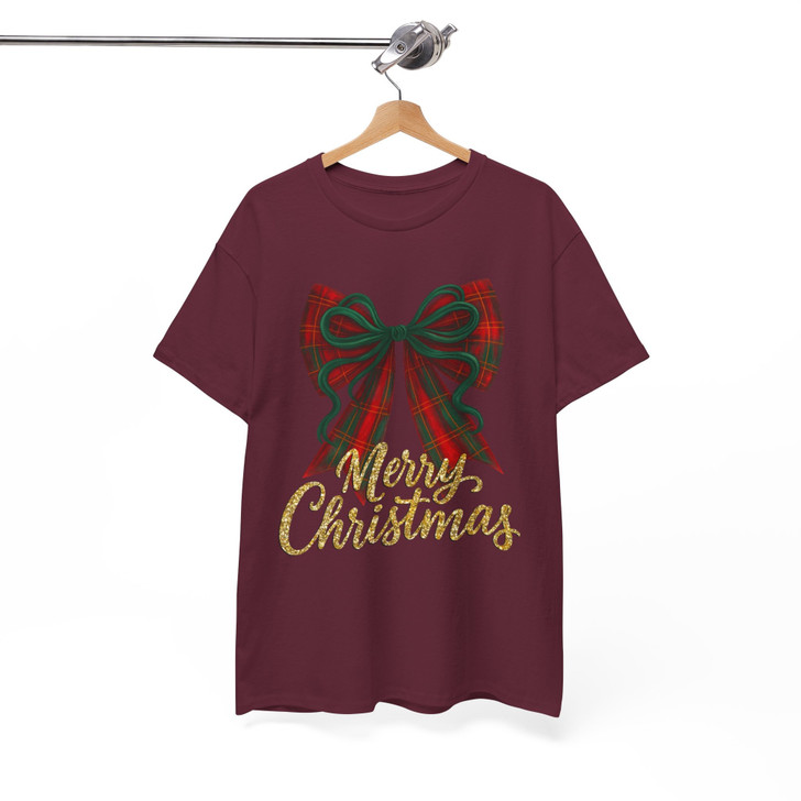 Plaid Bow Merry Christmas Shirt, Red Green Bow Holiday Tee, Festive Glitter Christmas T-Shirt S-5XL