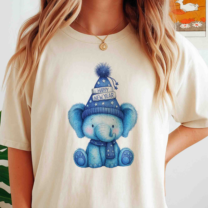 Cute Elephant Happy New Year Shirt, Blue Winter Animal Tee, New Year Gift Unisex T-Shirt S-5XL