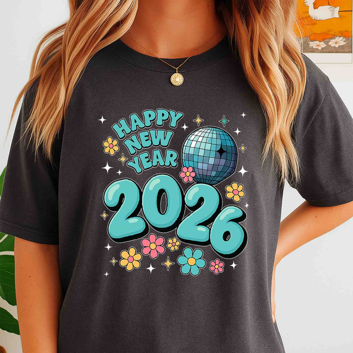 Happy New Year 2026 Shirt, Retro Disco Ball New Year Tee, Cute Floral Celebration T-Shirt S-5XL