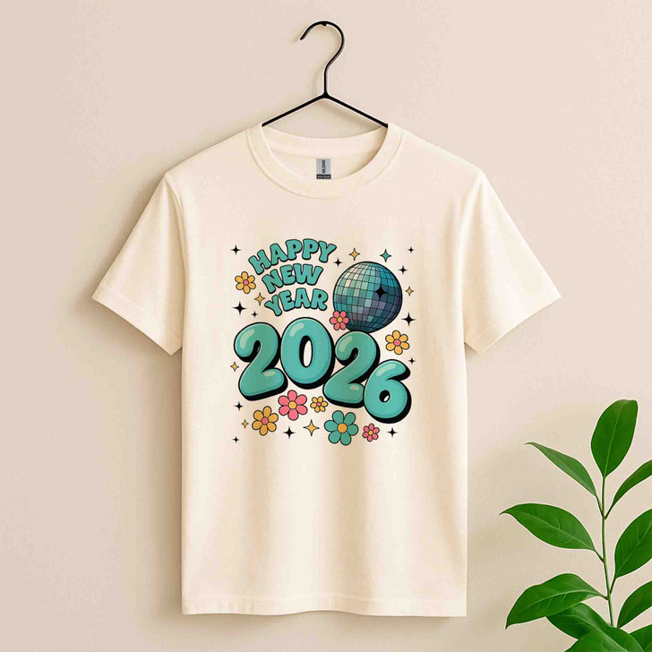 Happy New Year 2026 Shirt, Retro Disco Ball New Year Tee, Cute Floral Celebration T-Shirt S-5XL