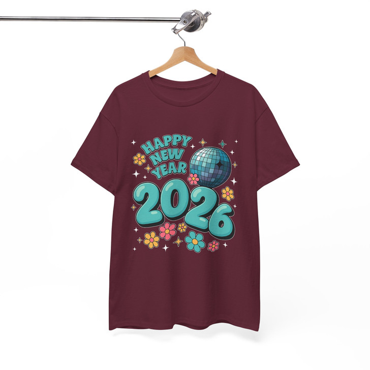 Happy New Year 2026 Shirt, Retro Disco Ball New Year Tee, Cute Floral Celebration T-Shirt S-5XL