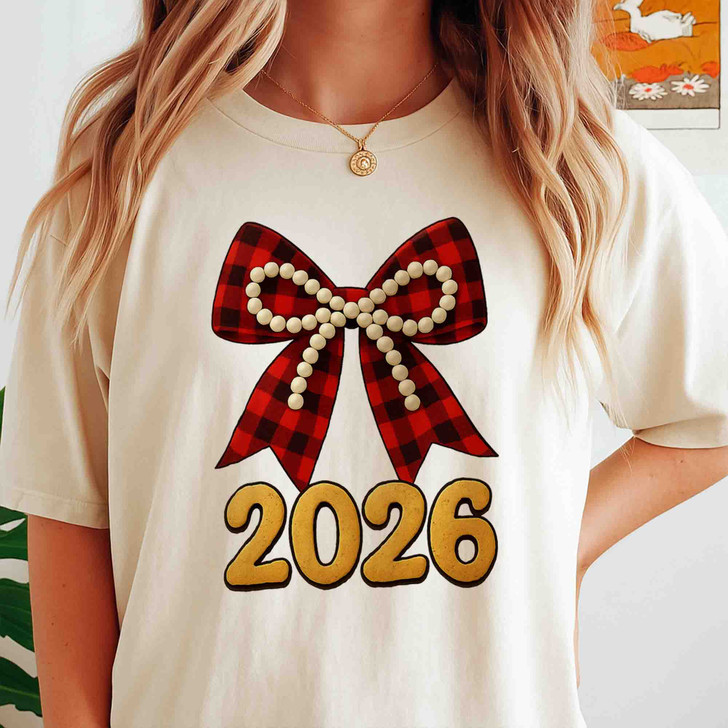 2026 Plaid Bow Shirt, Red Buffalo Check Bow Tee, Pearl Bow New Year 2026 T-Shirt S-5XL