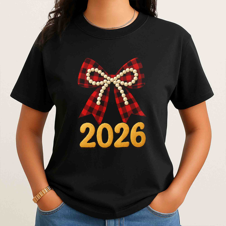 2026 Plaid Bow Shirt, Red Buffalo Check Bow Tee, Pearl Bow New Year 2026 T-Shirt S-5XL