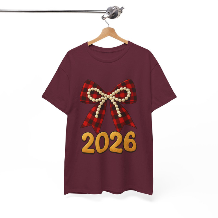 2026 Plaid Bow Shirt, Red Buffalo Check Bow Tee, Pearl Bow New Year 2026 T-Shirt S-5XL