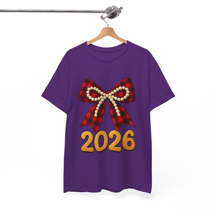 2026 Plaid Bow Shirt, Red Buffalo Check Bow Tee, Pearl Bow New Year 2026 T-Shirt S-5XL