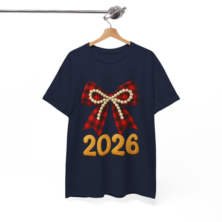 2026 Plaid Bow Shirt, Red Buffalo Check Bow Tee, Pearl Bow New Year 2026 T-Shirt S-5XL