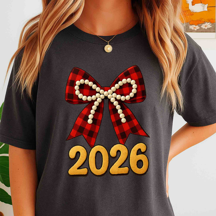 2026 Plaid Bow Shirt, Red Buffalo Check Bow Tee, Pearl Bow New Year 2026 T-Shirt S-5XL
