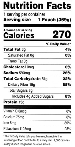 Heater Meals EX - Tex-Mex Four Bean Chili Nutrition Label