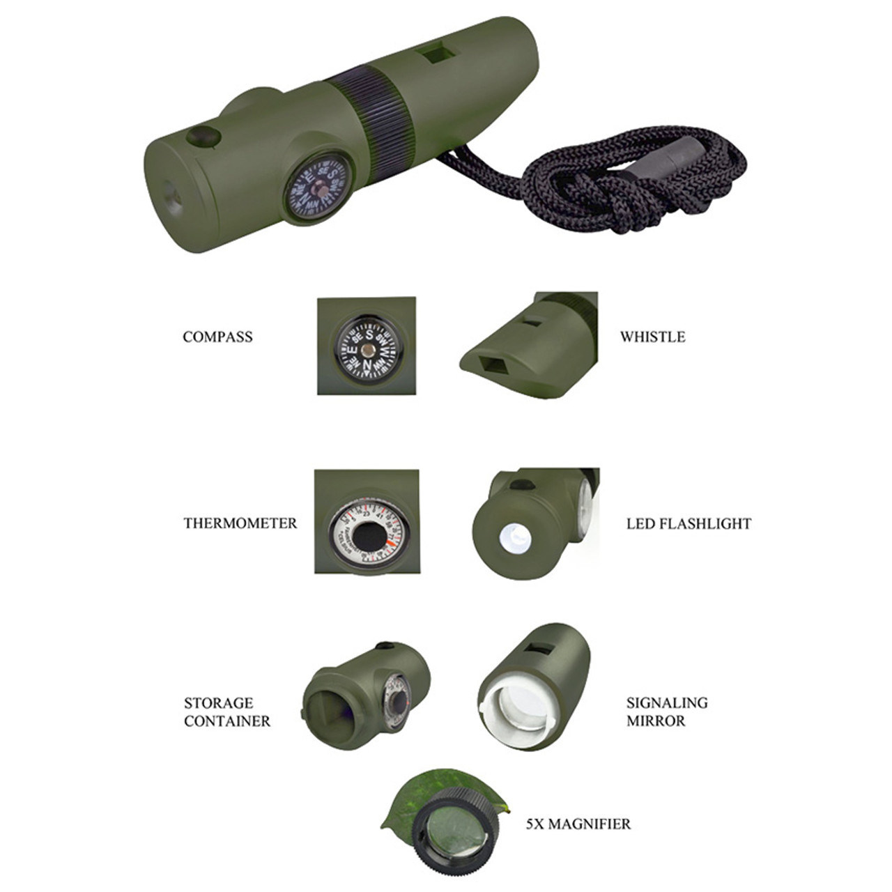 Multi Functional 7 in 1 Camping Hiking Outdoor Survival Traveling Compass  Magnifier LED Flashlight Thermometer Emergency Whistle - China Whistle,  Plastic Whistle