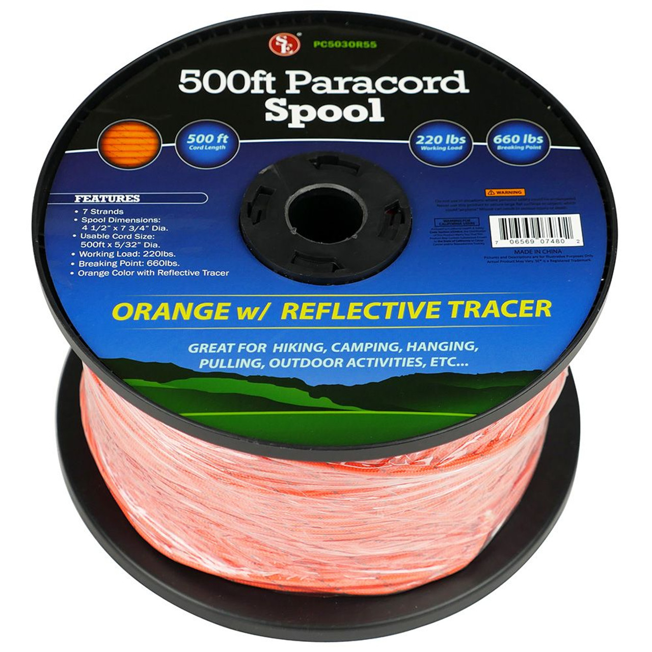 500 Ft. Bulk Paracord Spool - Orange with Reflective Tracer - 5/32 Dia. -  Camping Tools Supplies