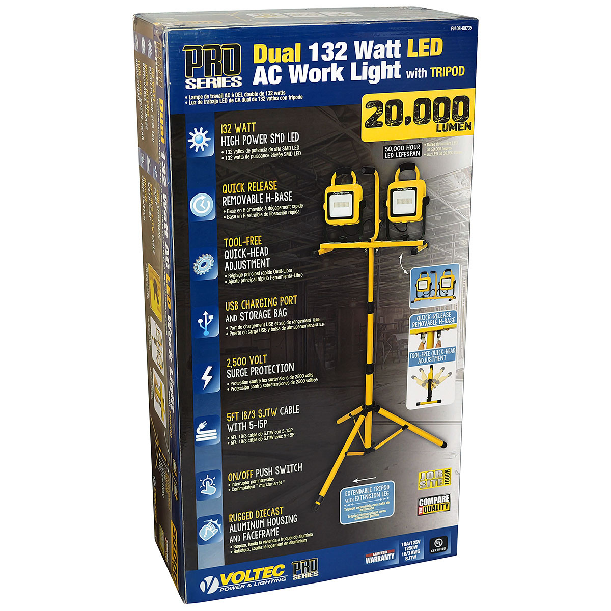 Voltec Dual Head 132W 20,000 Lumen USB LED Dual Tripod Work Light