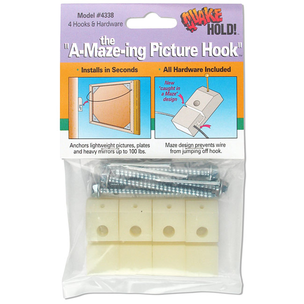 Quakehold 4338 A-Maze-ing Picture Hooks 4-Pack - Earthquake Preparedness  Supplies