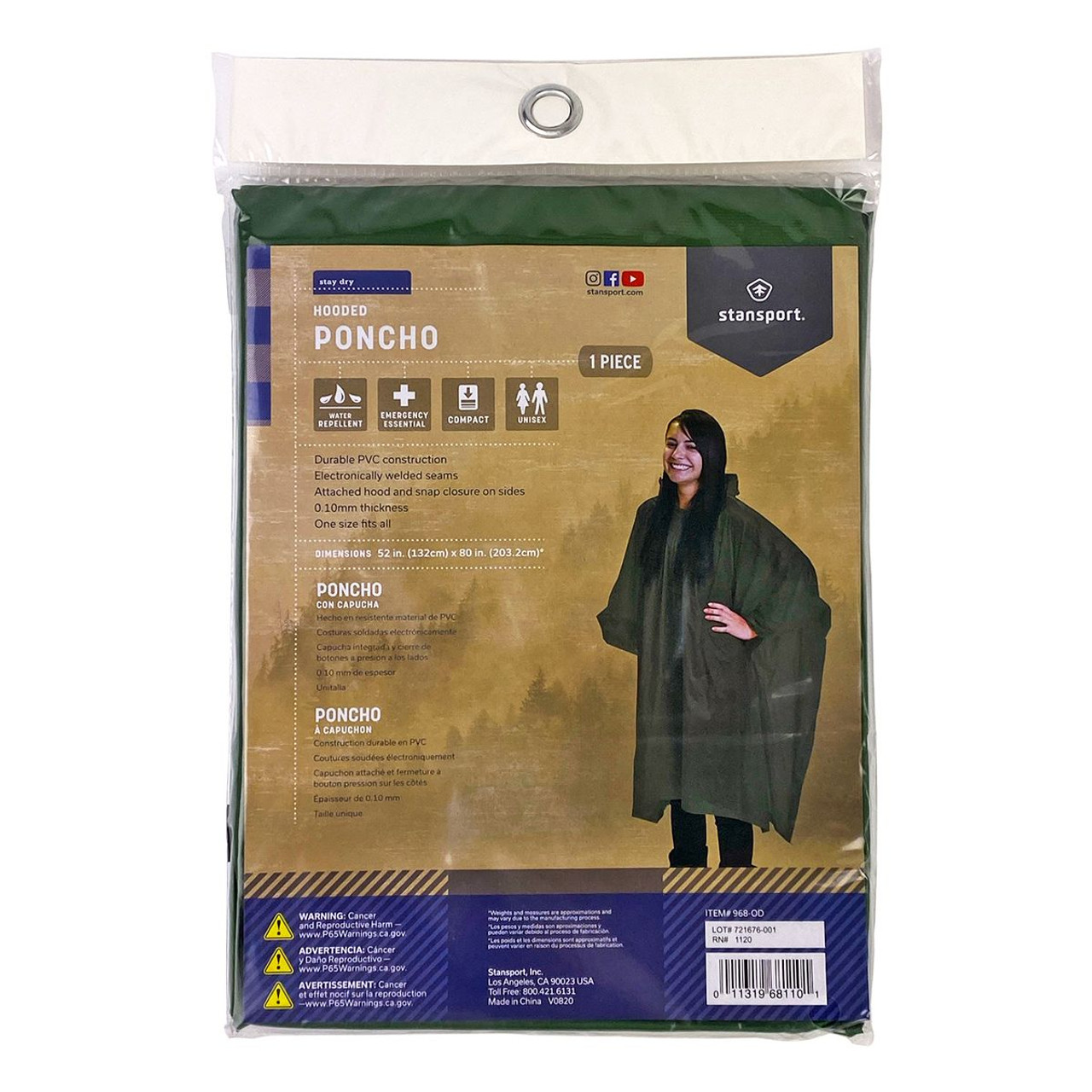 Medium Vinyl Rain Poncho with Hood 52'' x 80'' - Olive Drab