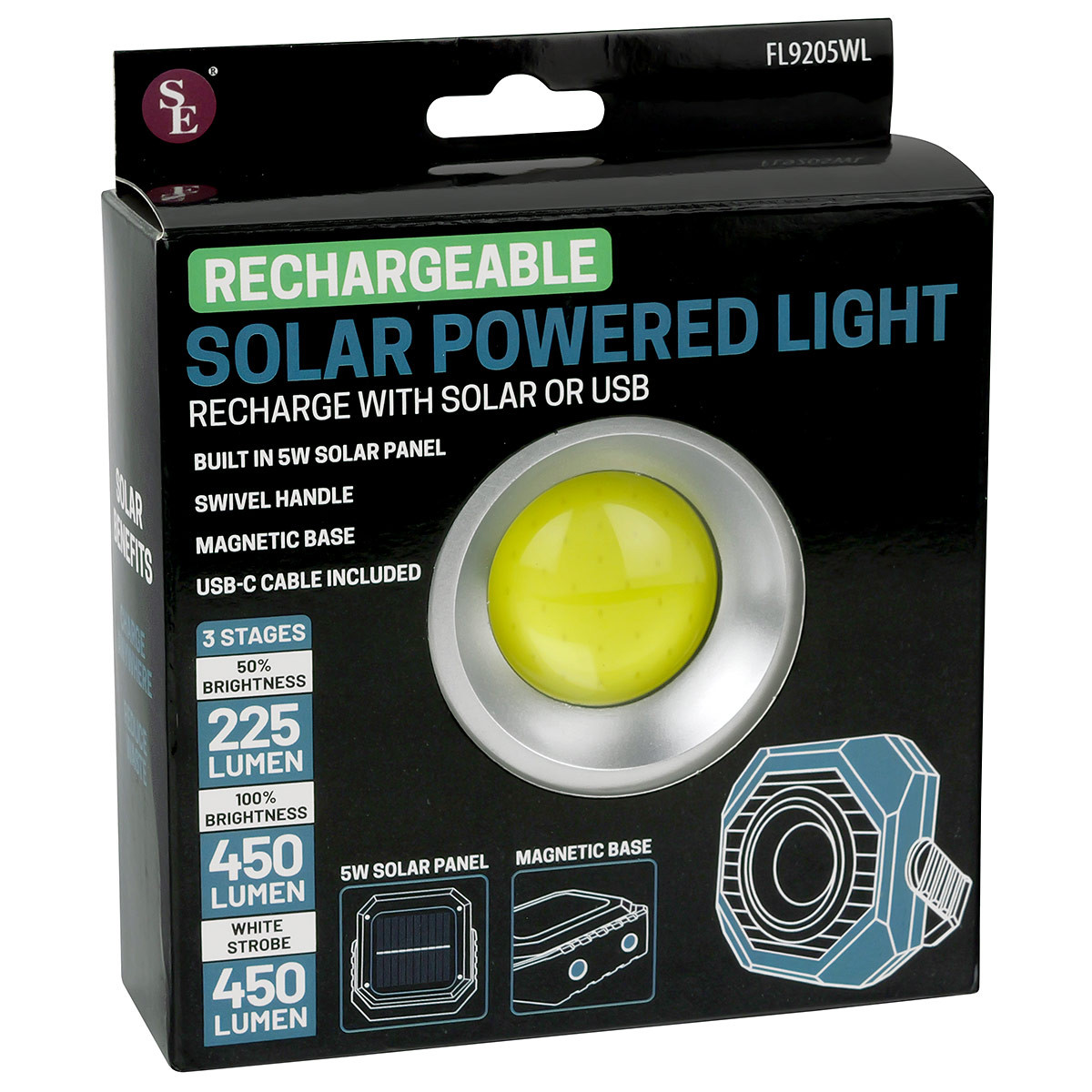 450 Lumen Solar/USB Powered Rechargeable Work Light With Magnetic