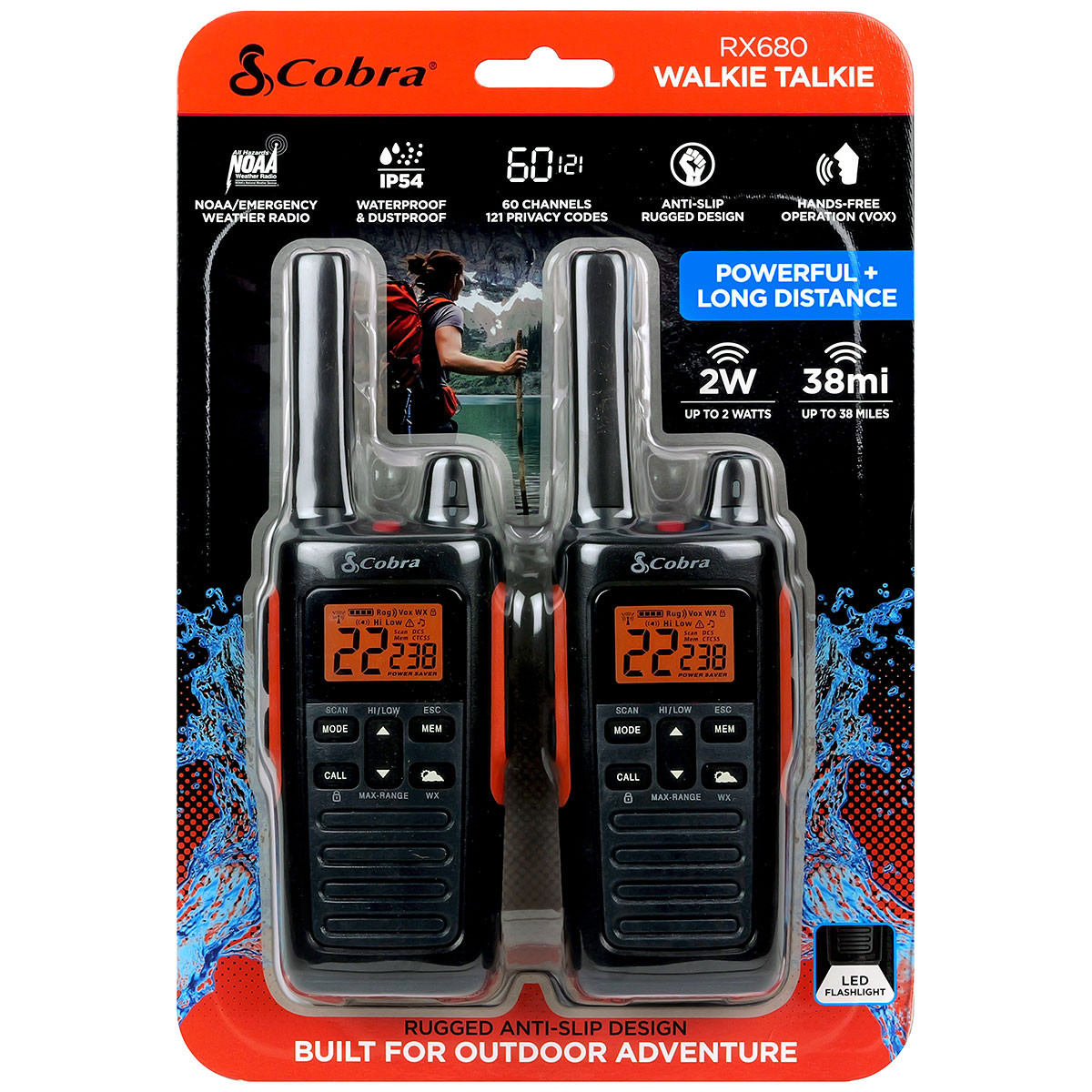Cobra® RX680 2-Way Radio Walkie Talkies - Up to 38-Mile Range - 2 Pack