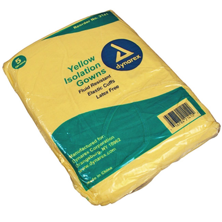 Dynarex 2141 Fluid Resistant Isolation Gowns - Yellow - 5 Pack