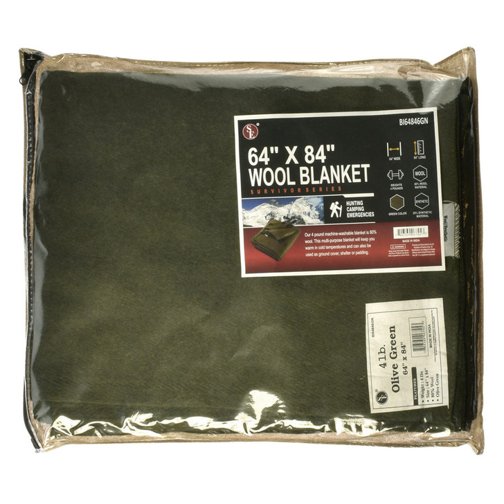 4 lb. Olive Green Emergency Relief Wool Blanket 64'' x 84'' 80 Wool