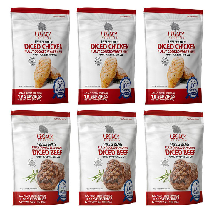 Legacy Freeze-Dried Diced Meat Variety 6 Pack - 114 Servings Beef