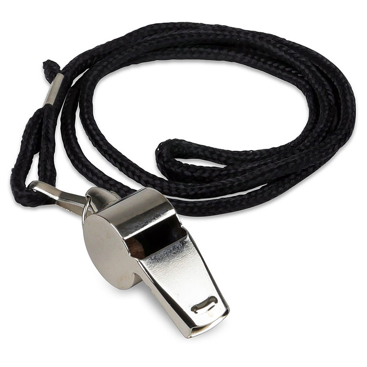 Nickel Plated Brass Signal Whistle with Black Lanyard