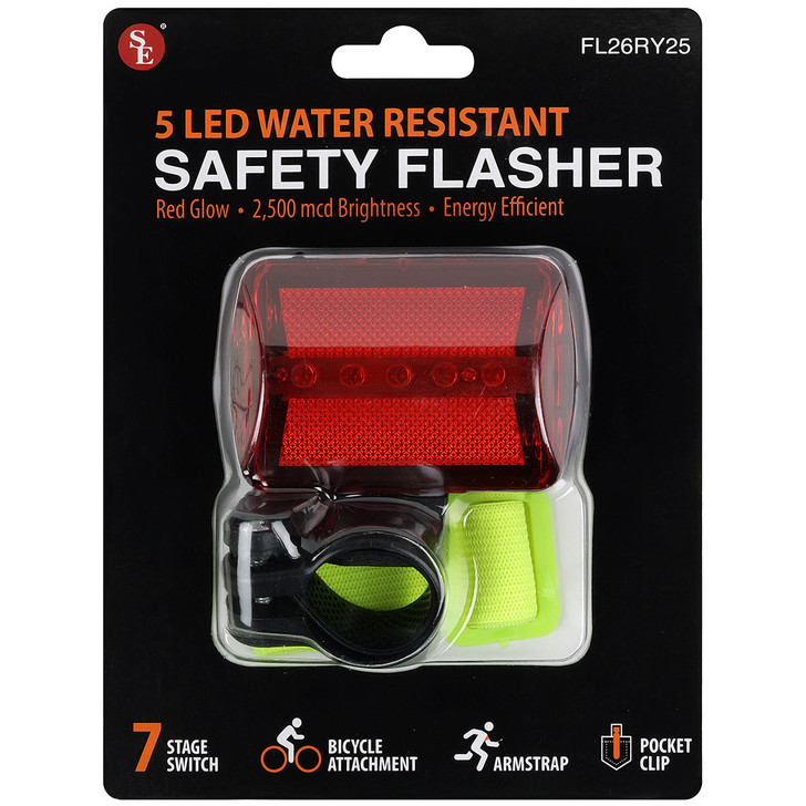 Red LED safety flasher with seven stage switch
