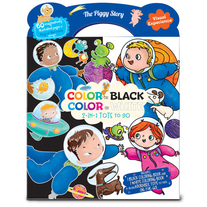 Color on Black, Color on White 2-in-1 coloring book tote in Space Adventure Design