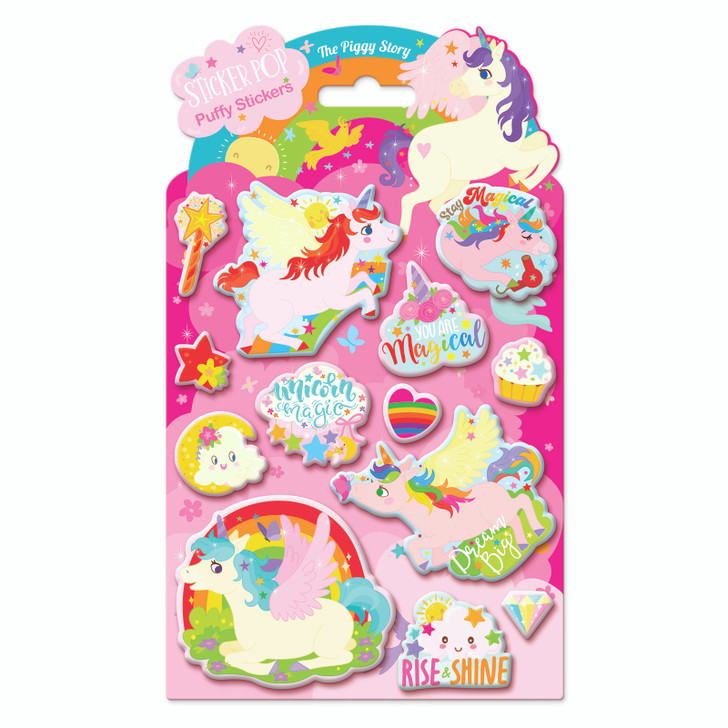 Individual pack of The Piggy Story's unicorn sticker pop puffy stickers