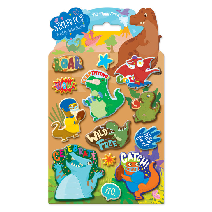 Individual pack of The Piggy Story's dinosaur sticker pop puffy stickers