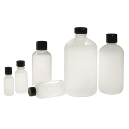 Qorpak® Natural LDPE Boston Round Bottles with Black Phenolic PolyCone Lined Caps